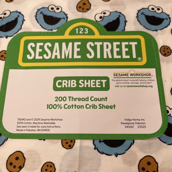 Sesame Street Cookie Monster 200 Thread Count 100% Cotton Crib Sheet 28" X... - Picture 2 of 4